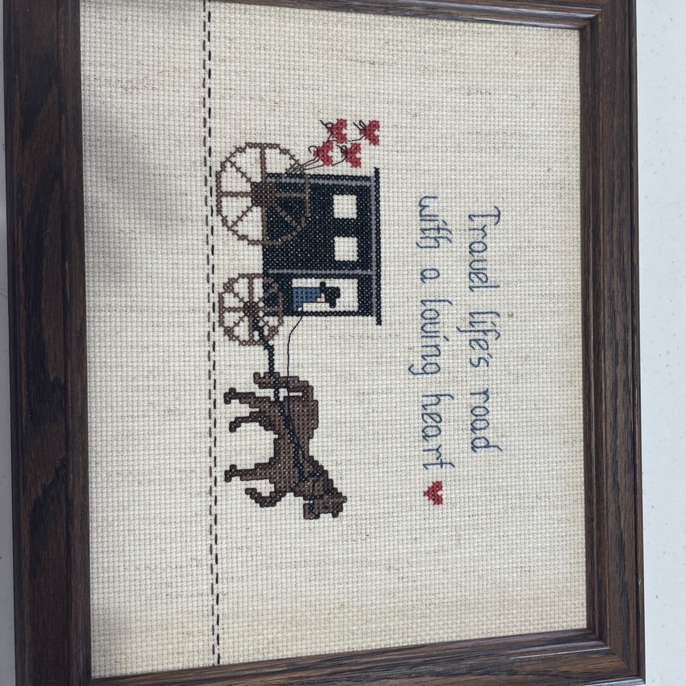 CrossStitch Amish Buggy & Horse Handmade Framed Art VTG 1988‎